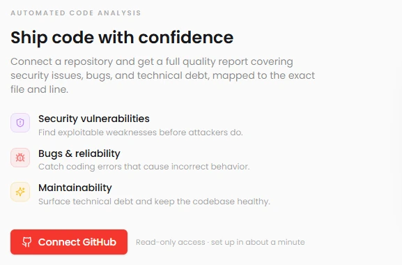Code Scan: connect GitHub to scan for vulnerabilities, bugs and maintainability