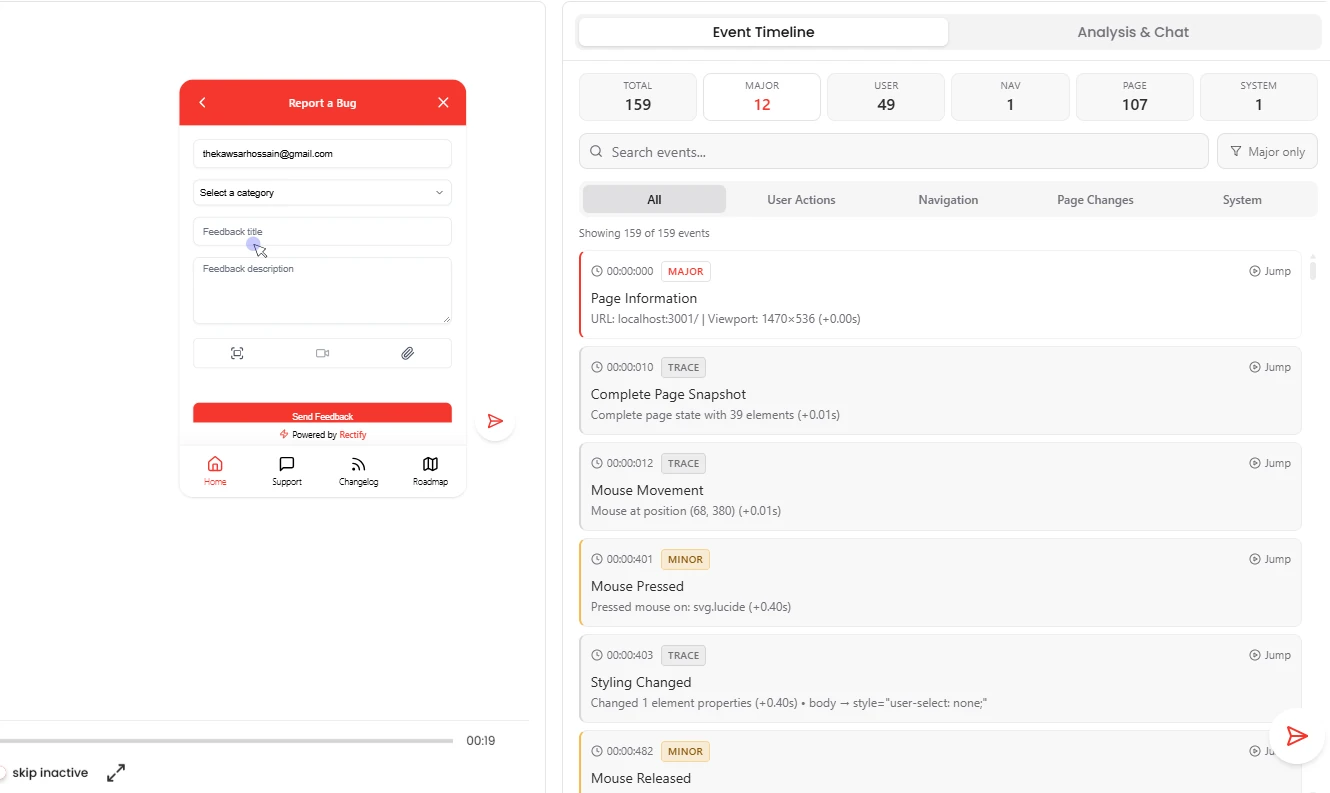 A session replay with its event timeline: page loads, clicks and errors