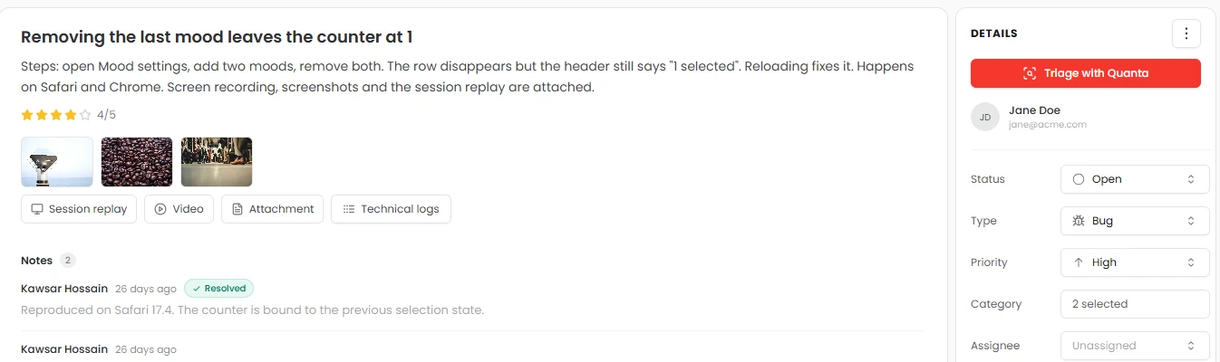 A bug report with steps, rating, screenshots, session replay and technical logs