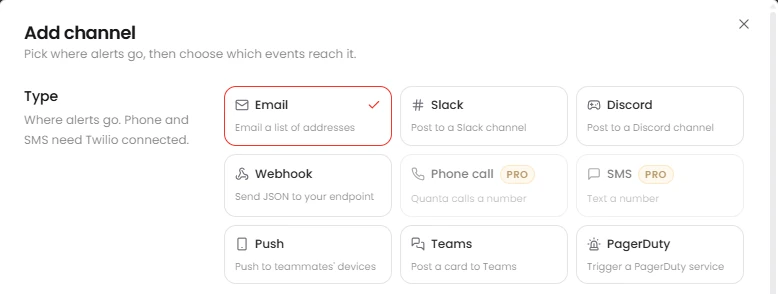 Add an alert channel: email, Slack, Discord, webhook, phone call, SMS, push, Teams or PagerDuty