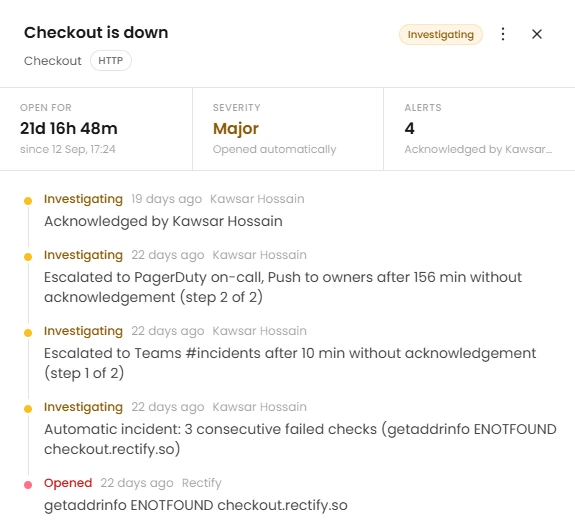 An incident: checkout is down, with its severity, alerts and escalation timeline