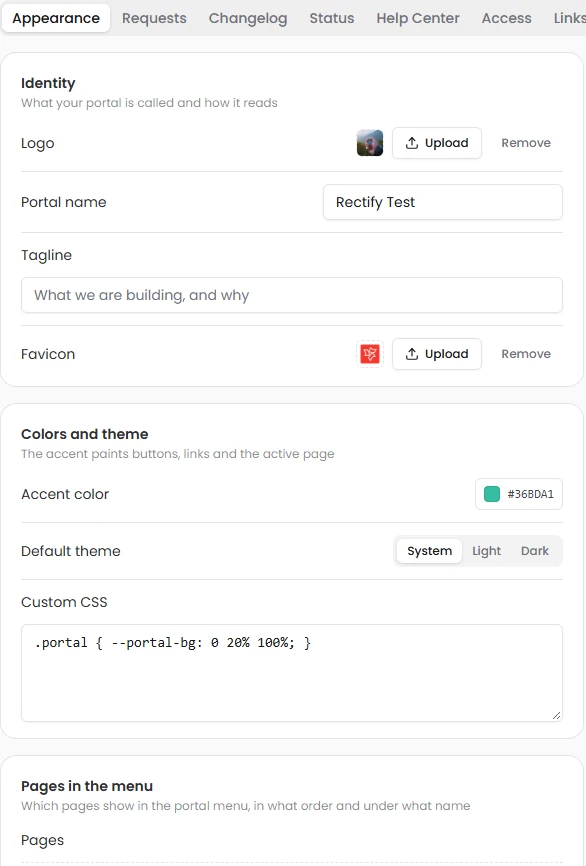 Portal appearance: identity, colours, theme and custom CSS