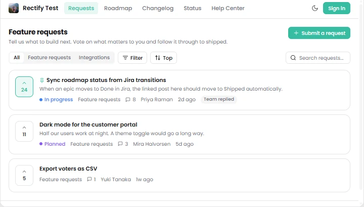 The public feature request board with votes, statuses and team replies