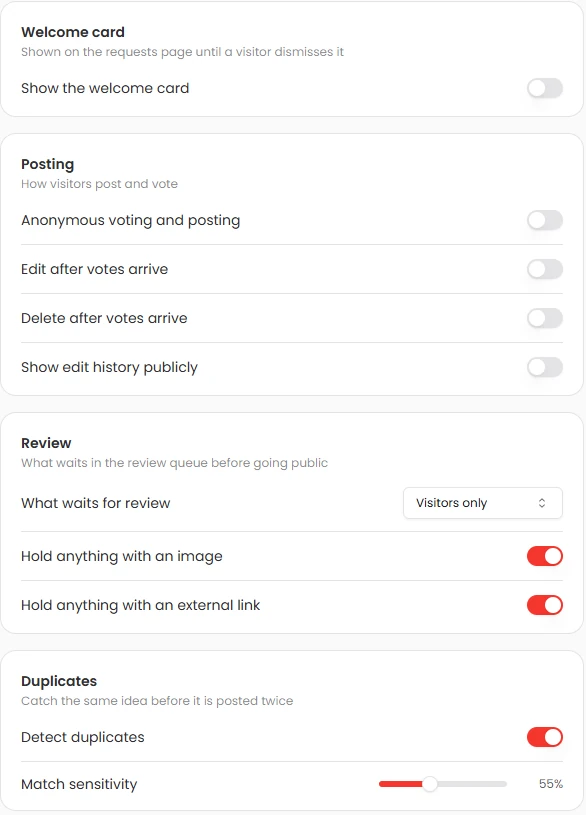 Request settings: posting rules, the review queue and duplicate detection