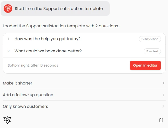 Quanta drafting a support satisfaction survey from a template