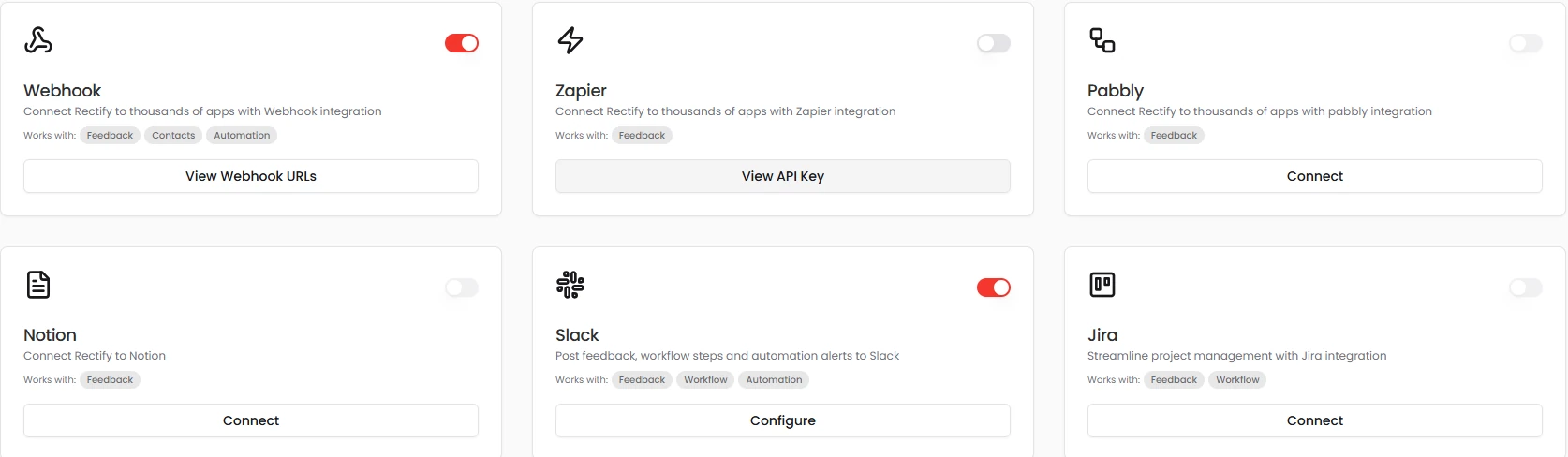 Integrations: Webhook, Zapier, Pabbly, Notion, Slack and Jira