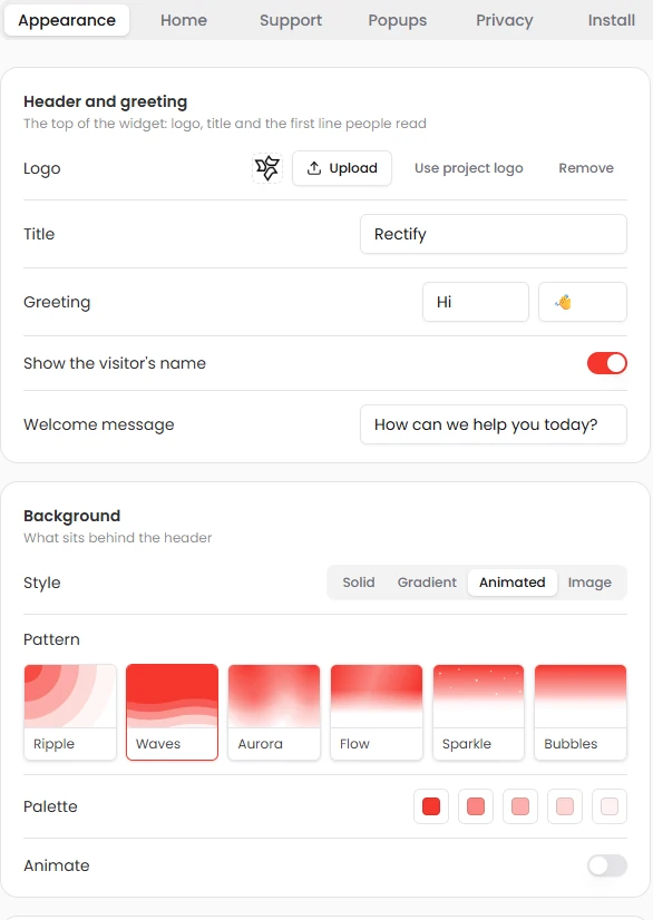 Widget appearance: header, greeting and animated background patterns