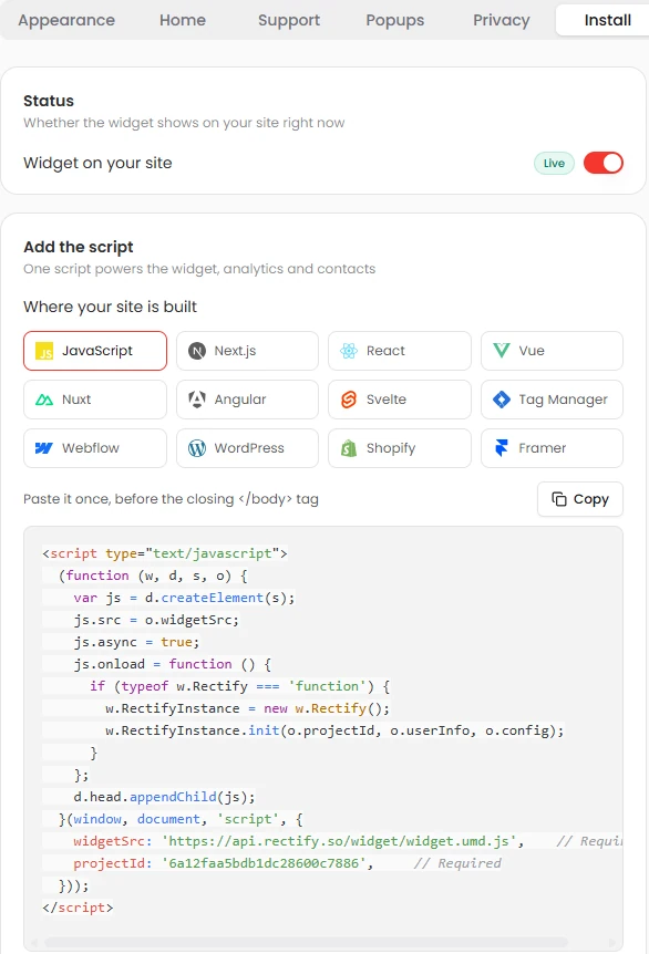 Widget install: pick your platform and copy the script